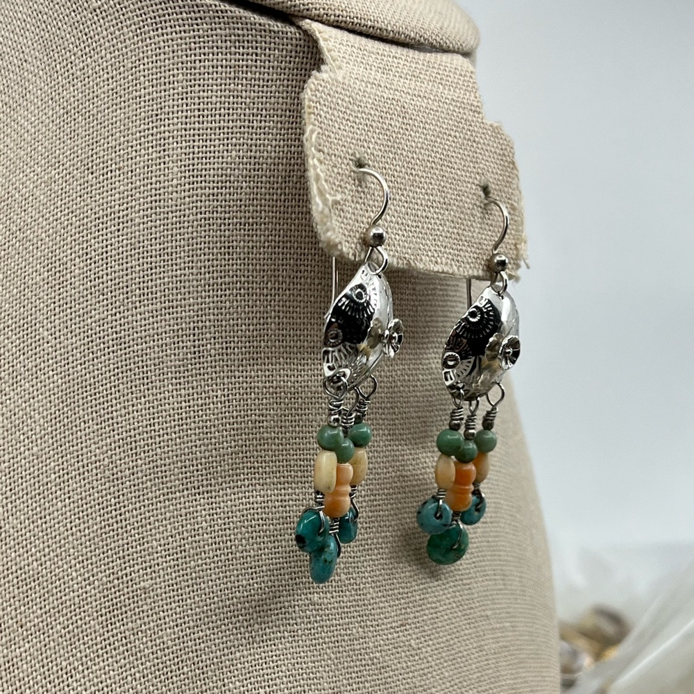90's Handmade Sterling Silver Shell & Floral Dangle Earrings with Turquoise - Picture 4 of 15